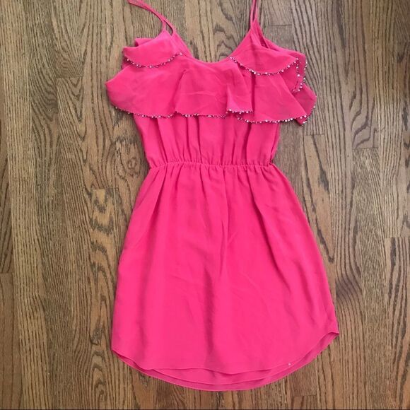 Sassy Hot Pink Sequin trim ruffled mini dress 0 - Picture 5 of 6